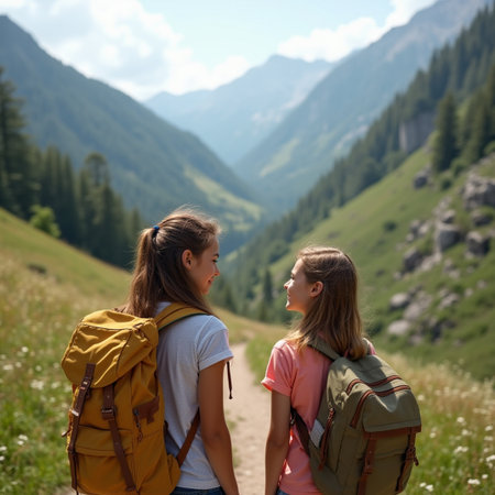 two girls with backpacks hiking in mountains and looking at each otherの素材