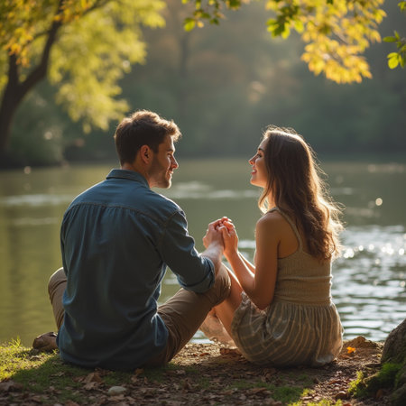 Young couple in love sitting on the bank of a lake and looking at each otherの素材