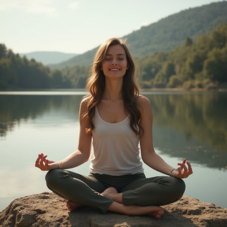 Young woman practicing yoga on the bank of a mountain lake in the morningの素材