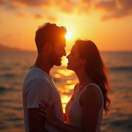 Young couple kissing on the beach at sunset. Love and romance.の素材
