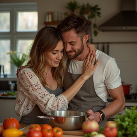 Young couple cooking together in their kitchen at home. Healthy food, cooking and people concept.の素材