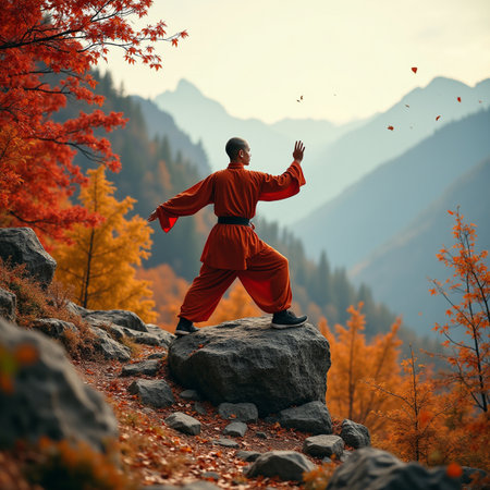 Kung fu master in red kimono practicing in the mountainsの素材