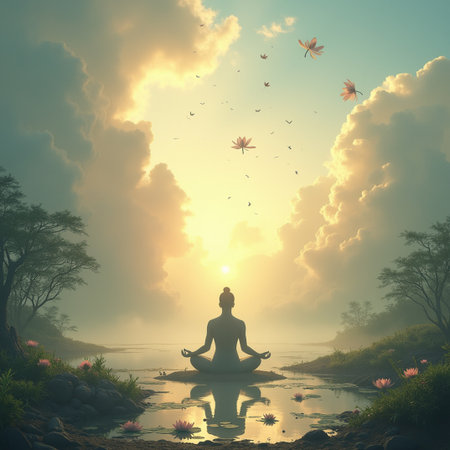 yoga in the forest at sunset. 3d render and illustrationの素材
