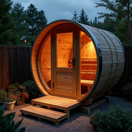 Wooden sauna in the yard of a private house in the eveningの素材