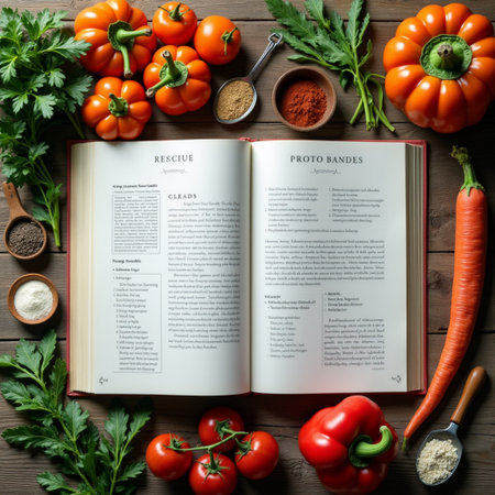 Open recipe book with vegetables and spices on wooden table, top viewの素材