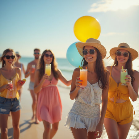 summer holidays, vacation, travel and people concept - group of smiling friends with drinks on the beachの素材