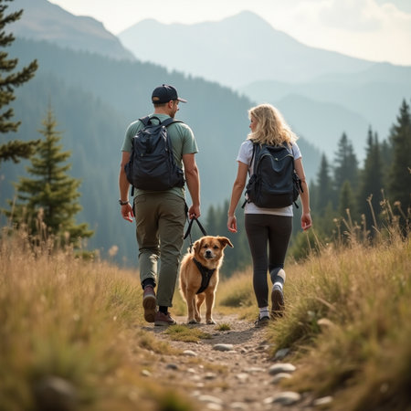 Couple with dog hiking in the mountains. Man and woman walking with dog in nature.の素材