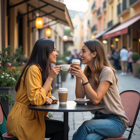 Two young women drinking coffee and talking in a cafe on the streetの素材