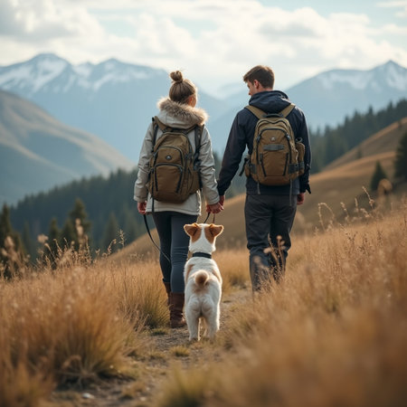 Couple with dog walking in the mountains. Traveling with pet conceptの素材