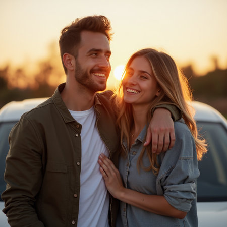 Portrait of a happy young couple standing near their car at sunsetの素材