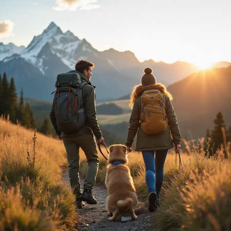 Couple walking with dog in mountains at sunset. Man and woman hiking with dog.の素材