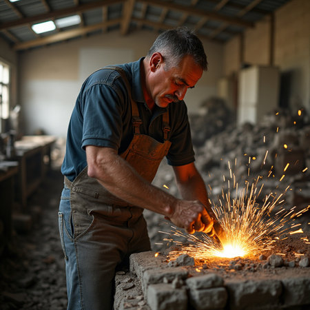 Senior craftsman working with a torch in a factory. He is wearing overalls and a blue shirt.の素材