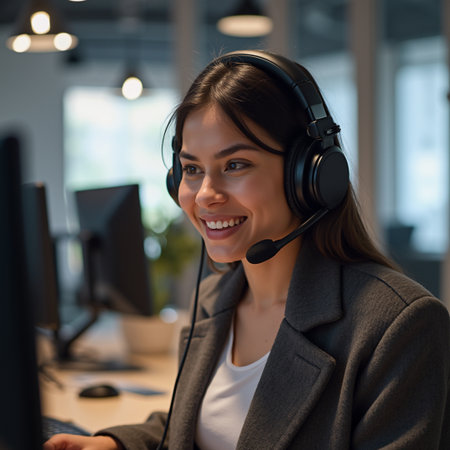 selective focus of smiling call center operator in headset working in officeの素材