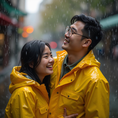 Happy Asian couple in yellow raincoat and eyeglasses standing in the rainの素材