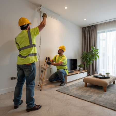Two professional workers in hardhats working on a wall at homeの素材