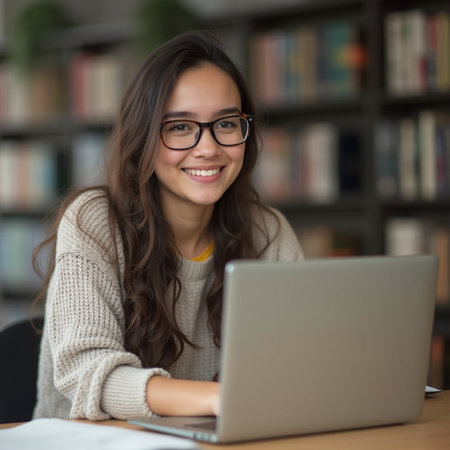 Portrait of a smiling young woman using a laptop computer in the libraryの素材