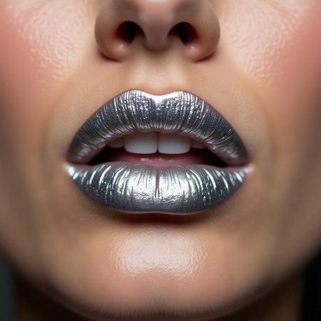 Close up of female lips with silver glossy lipstick, studio shot. Beauty, fashion.の素材