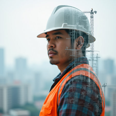 Portrait of Asian engineer wearing safety helmet at construction site.の素材