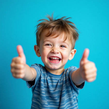 Cheerful little boy showing thumbs up on a blue background.の素材