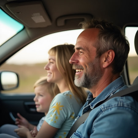 Happy family driving a car. Father, mother and daughter traveling by car.の素材