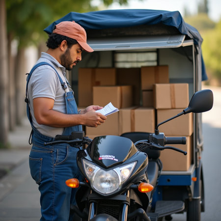 Side view of a delivery man in uniform parcel delivering to customer on motorcycleの素材
