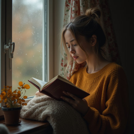 A girl in a yellow sweater sits by the window and reads a book.の素材