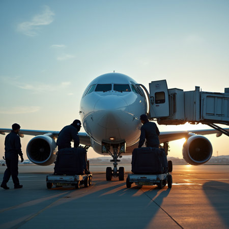 Airplane in the airport at sunset. Travel and transportation concept.の素材