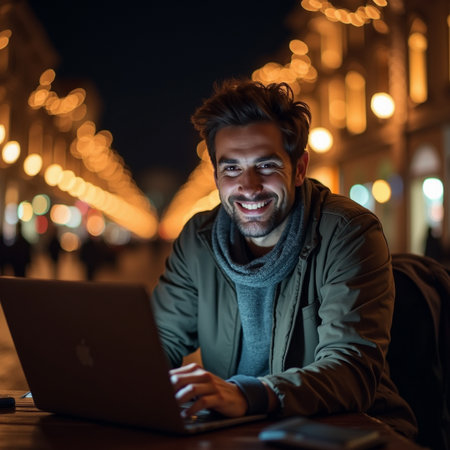Portrait of young man using laptop at night in the city.の素材