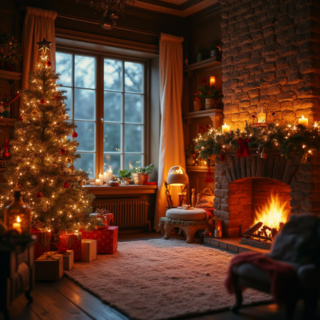 Interior of a cozy living room with a fireplace, Christmas tree and gifts.の素材