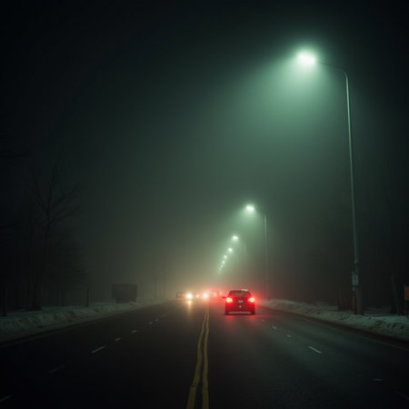 Driving on a foggy winter highway at night. Cars on the road.の素材