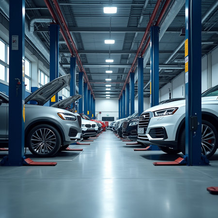 Interior of a modern car repair station. Auto service industry.の素材