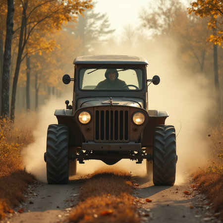 Tractor on a dirt road in the autumn forest. 3d renderの素材