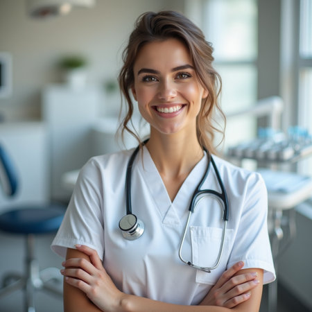 Portrait of a smiling female doctor with stethoscope at hospitalの素材