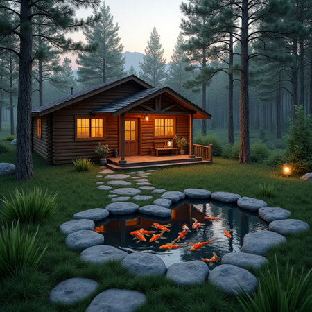 3d rendering of a chalet in the forest at nightの素材