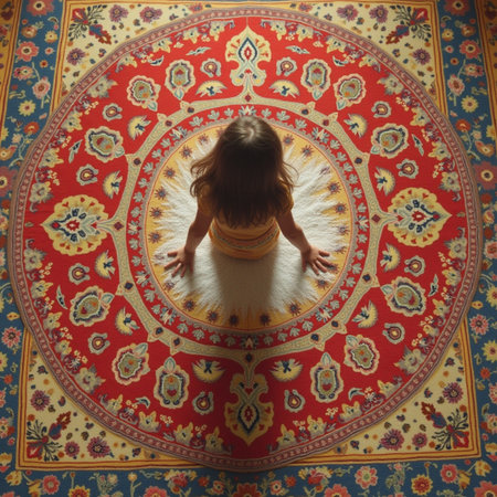Little girl in a dress on a carpet in the interior of the roomの素材