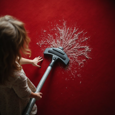 Little girl with a vacuum cleaner on a red background. Cleaning the houseの素材