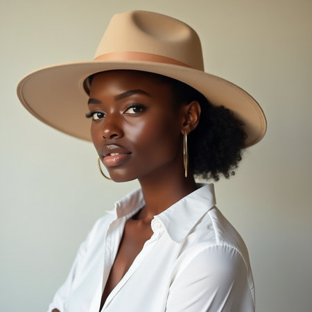 Beautiful african american woman in hat and white blouseの素材