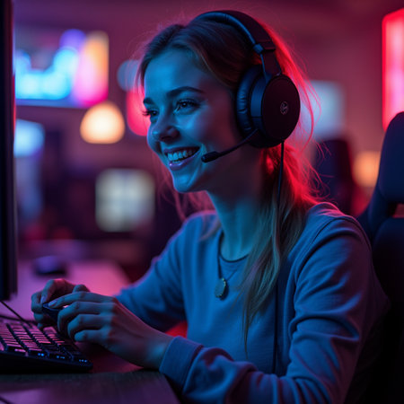 Portrait of a young female gamer playing online games on a computer.の素材