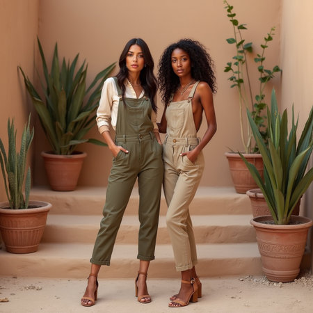 Two African American women in green overalls. Fashion shoot.の素材