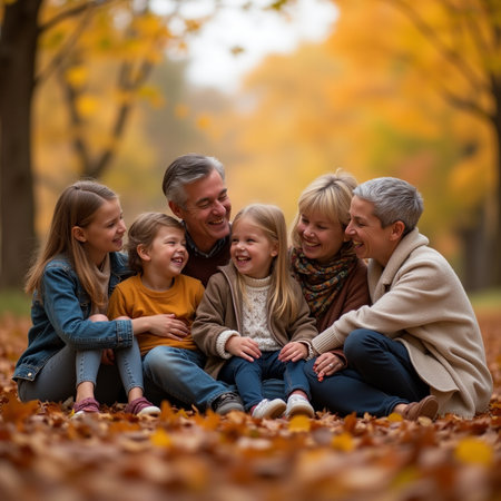 Grandparents with grandchildren in the autumn park. Selective focus.の素材