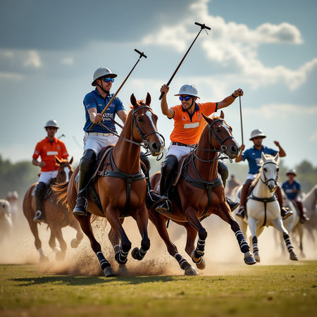 Polo players in action during a polo game at the field.の素材