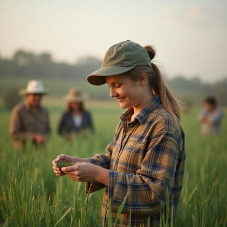 Farmer checking the quality of rice seedlings in the field at sunsetの素材