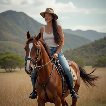 Young woman riding a horse in the field at sunset, wearing cowboy hatの素材