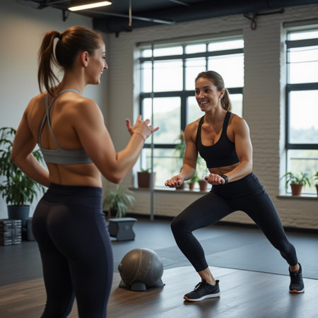 Full length portrait of two fit young women in sportswear doing squats in gymの素材