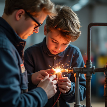 Father and son working with electric arc welding machine at the factory.の素材