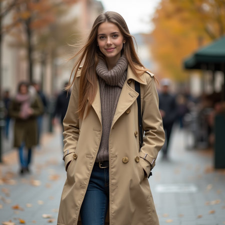 Portrait close up of young beautiful woman in beige coat on autumn streetの素材