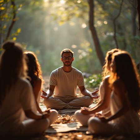 Young man meditating in the forest with his friends in the backgroundの素材