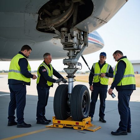 Front view of a group of mechanics examining a landing gear on an aircraftの素材