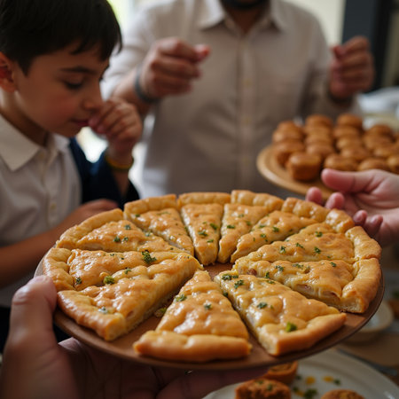 Delicious homemade pies in the hands of a father and son.の素材
