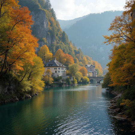 Beautiful view of the river Rhine in autumn, Switzerland.の素材